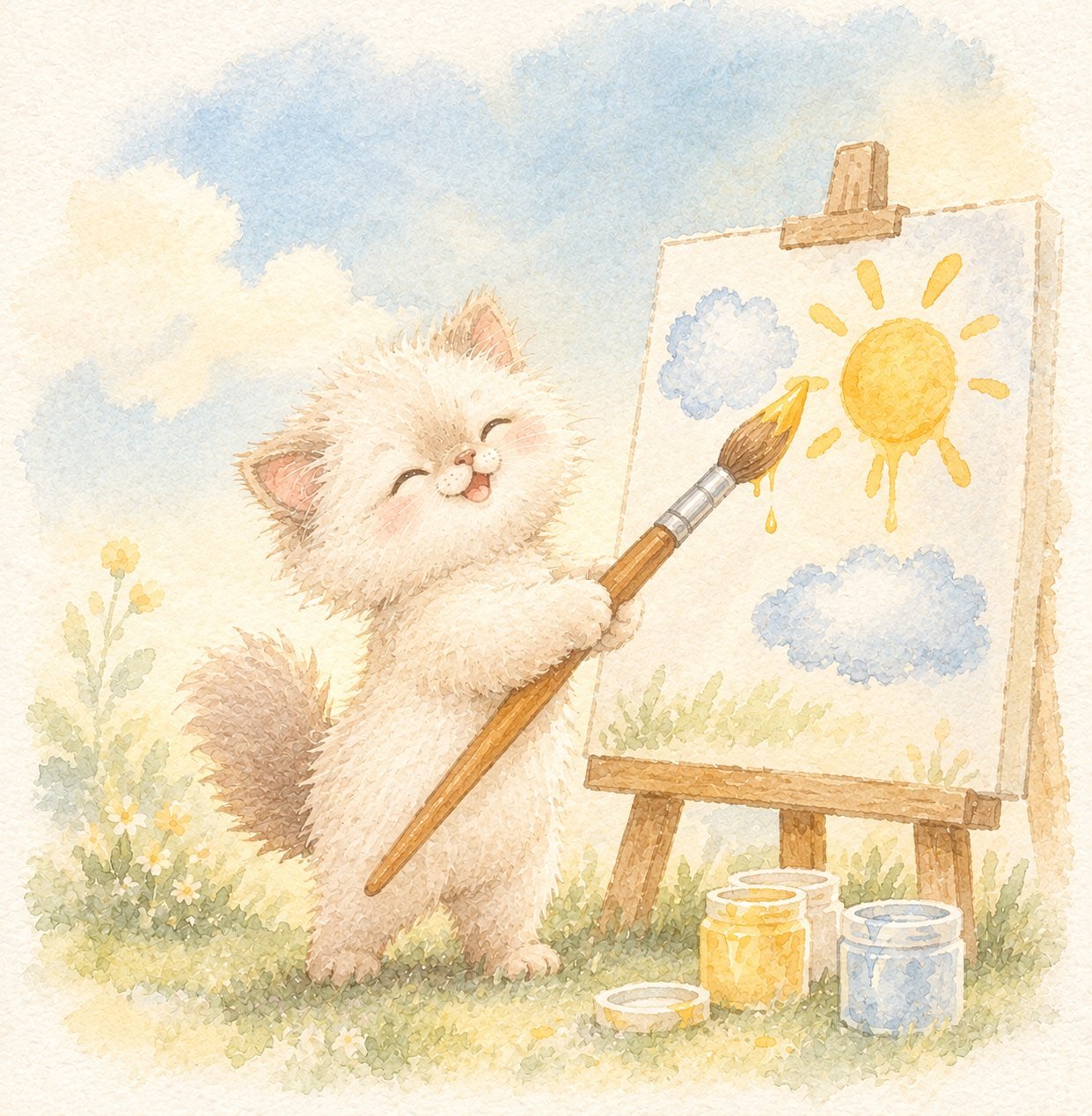 O Vinci, mascote da Affetto, pinta um sol amarelo e nuvens azuis em uma tela no cavalete.